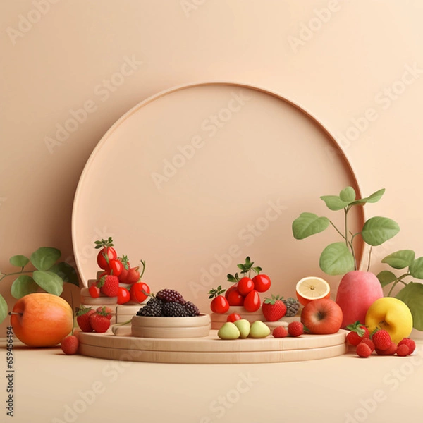 Fototapeta Round wooden podium with colorful fresh fruits and vegetables, minimal studio background for product showcase and healthy lifestyle concept, AI generated.