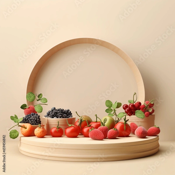 Fototapeta Round wooden podium with colorful fresh fruits and vegetables, minimal studio background for product showcase and healthy lifestyle concept, AI generated.