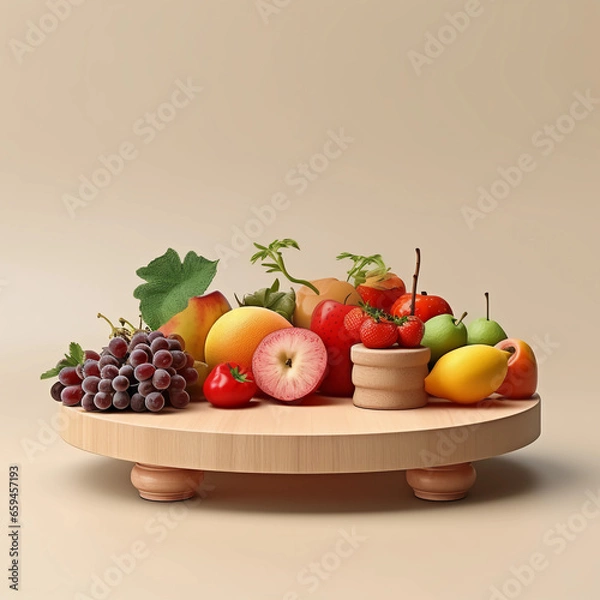 Fototapeta Round wooden podium with colorful fresh fruits and vegetables, minimal studio background for product showcase and healthy lifestyle concept, AI generated.