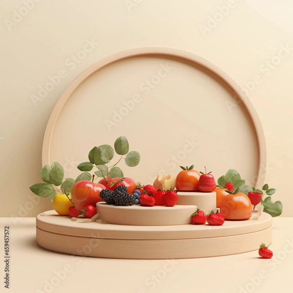 Fototapeta Round wooden podium with colorful fresh fruits and vegetables, minimal studio background for product showcase and healthy lifestyle concept, AI generated.