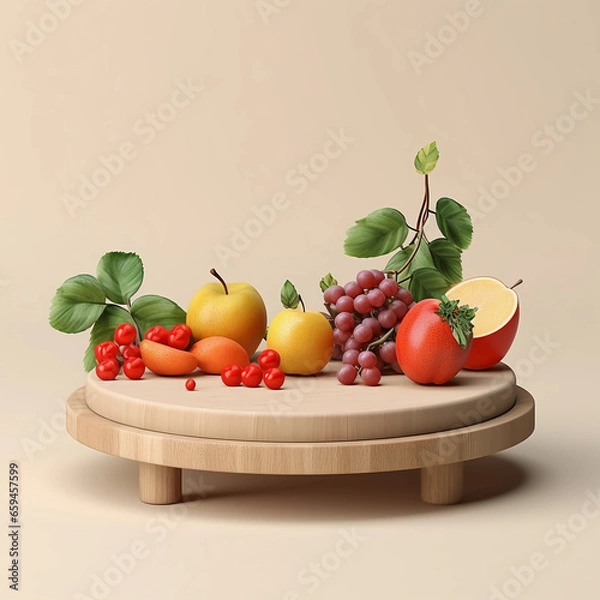 Fototapeta Round wooden podium with colorful fresh fruits and vegetables, minimal studio background for product showcase and healthy lifestyle concept, AI generated.