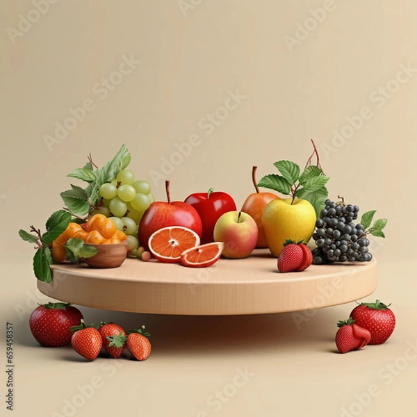 Fototapeta Round wooden podium with colorful fresh fruits and vegetables, minimal studio background for product showcase and healthy lifestyle concept, AI generated.