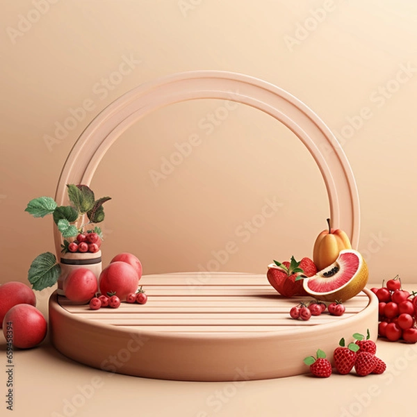 Fototapeta Round wooden podium with colorful fresh fruits and vegetables, minimal studio background for product showcase and healthy lifestyle concept, AI generated.
