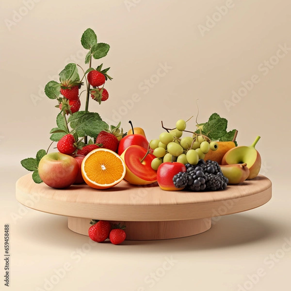 Fototapeta Round wooden podium with colorful fresh fruits and vegetables, minimal studio background for product showcase and healthy lifestyle concept, AI generated.