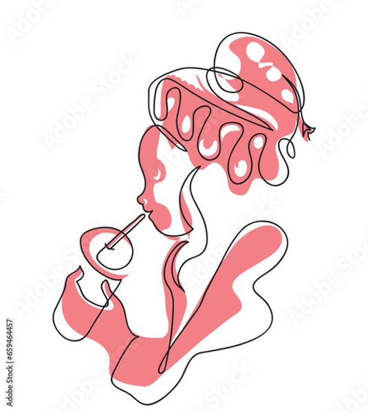 Fototapeta One line drawing of vurly ha,r woman drinking coffee.
One continuous line drawing of drinking coffee in autumn