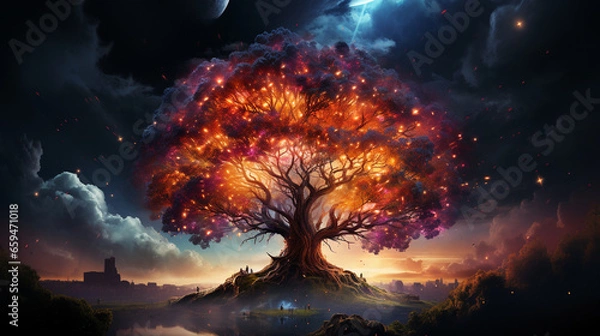 Fototapeta huge trees of life blend with psychedelic colored galaxies with stars, galaxy clouds 3d generative ai