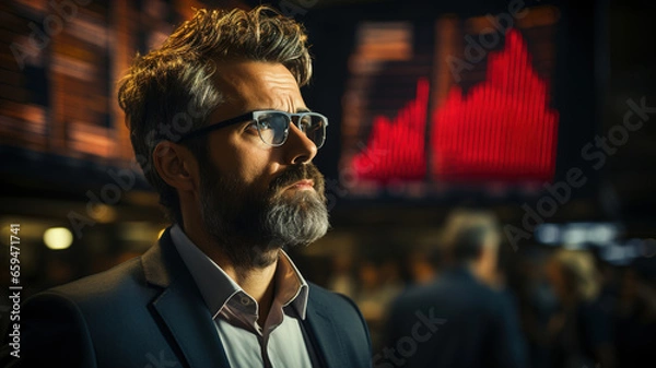 Fototapeta Stressed Business Man Trader Thinking at Workplace, broker investor analyzing. Computer screen with charts, panic digital stock market financial Crisis. Losing money of crisis, recession, inflation
