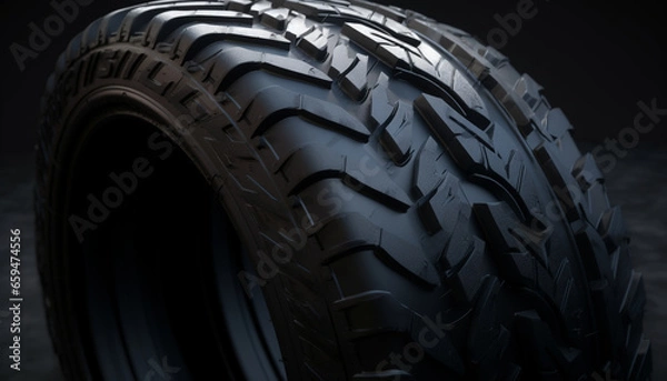 Obraz Shiny alloy wheel on dirty off road truck in slippery sand generated by AI