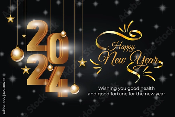 Fototapeta Vector happy new year 2024 gold text effect banner design template and social media post design