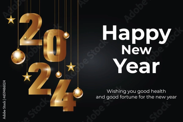 Fototapeta Vector happy new year 2024 gold text effect banner design template and social media post design