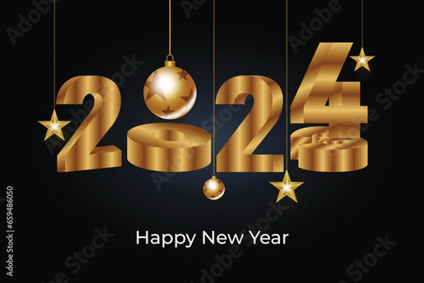 Obraz Vector happy new year 2024 gold text effect banner design template and social media post design