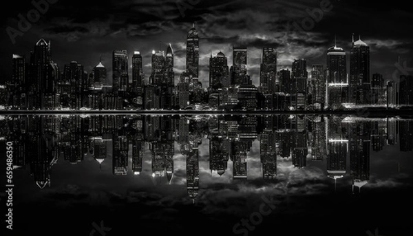 Fototapeta Modern city skyline reflects in waterfront at dusk, illuminating skyscrapers generated by AI