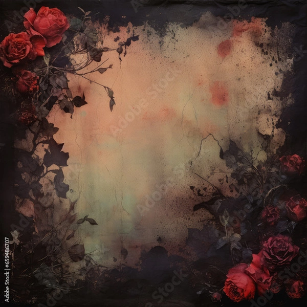 Obraz Abstract Vintage Gothic Red Roses Dark Antique Junk Journal Digital Paper. Dark Background for wallpaper, planner, journal, Scrapbooking, and more.
