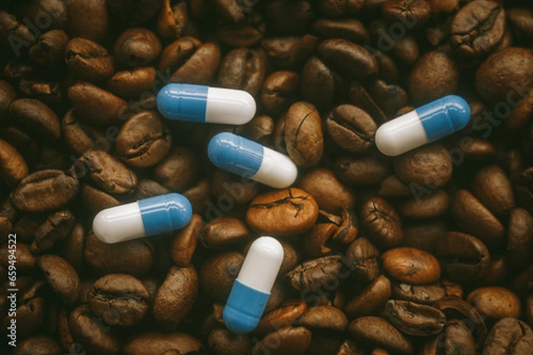 Obraz Pills in capsules on a background of coffee beans.
Close-up of medicine against coffee background.
Medicinal properties of caffeine.