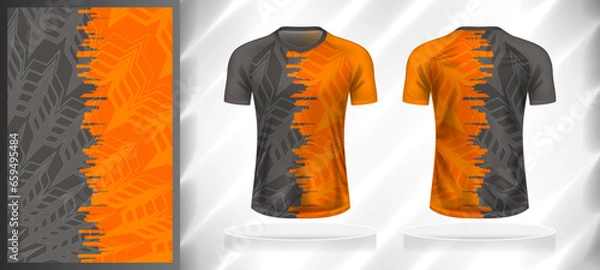 Fototapeta Vector sport pattern design template for V-neck T-shirt front and back with short sleeve view mockup. Dark and light shades of grey-orange color abstract geometric texture background illustration.