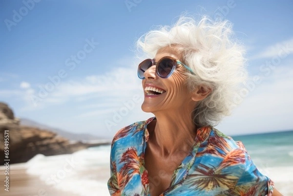 Fototapeta Elderly female traveler on vacation at the beach waving sea on weekend day on resort, Generative AI