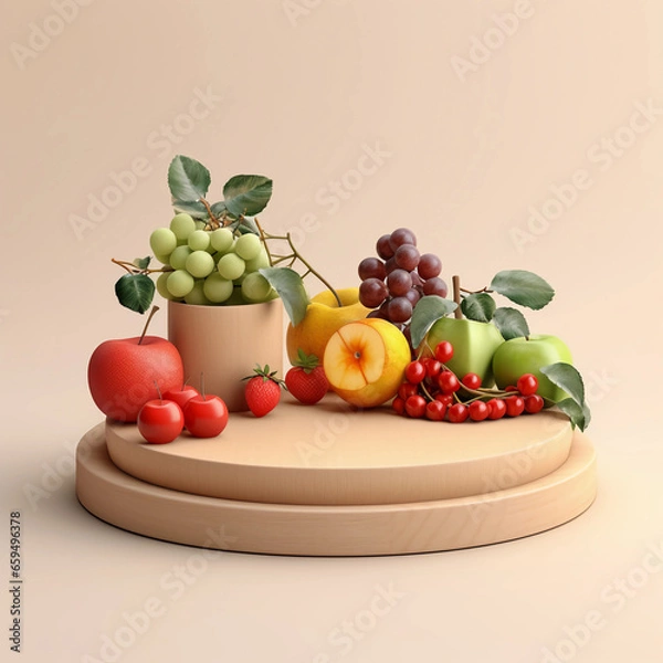 Fototapeta Round wooden podium with colorful fresh fruits and vegetables, minimal studio background for product showcase and healthy lifestyle concept, AI generated.