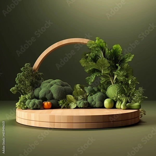 Fototapeta Round wooden podium with colorful fresh fruits and vegetables, minimal studio background for product showcase and healthy lifestyle concept, AI generated.