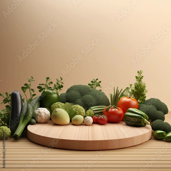 Fototapeta Round wooden podium with colorful fresh fruits and vegetables, minimal studio background for product showcase and healthy lifestyle concept, AI generated.