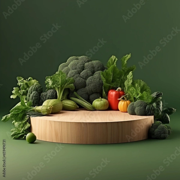Fototapeta Round wooden podium with colorful fresh fruits and vegetables, minimal studio background for product showcase and healthy lifestyle concept, AI generated.