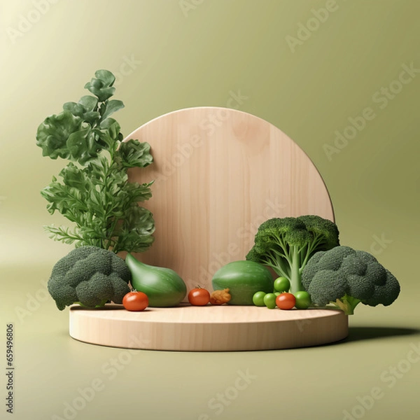 Fototapeta Round wooden podium with colorful fresh fruits and vegetables, minimal studio background for product showcase and healthy lifestyle concept, AI generated.