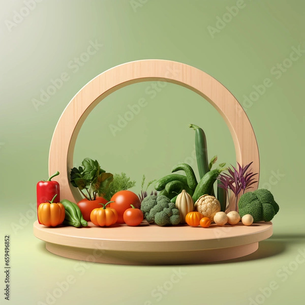 Fototapeta Round wooden podium with colorful fresh fruits and vegetables, minimal studio background for product showcase and healthy lifestyle concept, AI generated.