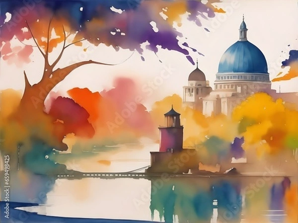 Fototapeta Immerse yourself in a world of cultural fusion as watercolor paints blend and swirl to create a unique and diverse landscape, Italy. Generative AI