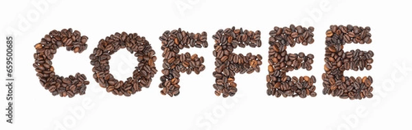 Fototapeta The word coffee made out of coffee beans with a white background