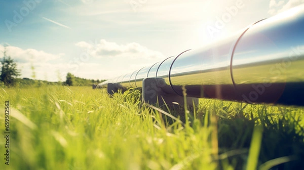 Fototapeta hydrogen pipeline in grass field highlighting eco-friendly, carbon-neutral and secure energy alternatives replacing residential natural gas made with Generative AI