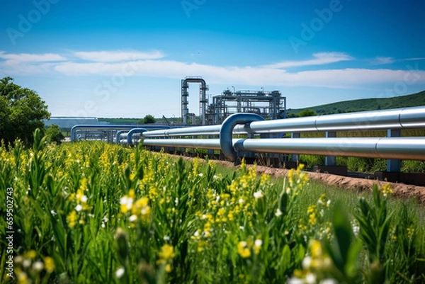 Fototapeta hydrogen pipeline in grass field highlighting eco-friendly, carbon-neutral and secure energy alternatives replacing residential natural gas made with Generative AI