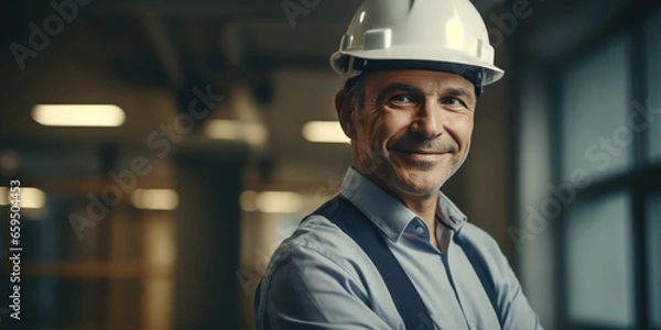 Fototapeta Portrait of a male engineer in a white helmet on a construction site or factory. Man Builder, Architect, Manager in a hardhat. Men at work, copy space