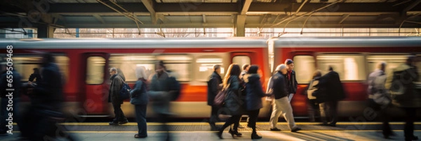 Fototapeta Commuter train, packed with people, pulling into a busy urban station, blurred motion of passengers on the platform, dynamic angle