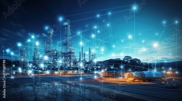 Fototapeta Modern factory, communication network. Telecommunication. IoT, Internet of Things, ICT, Information communication Technology,. Smart factory. Digital transformation, cloud connecting, generate by AI