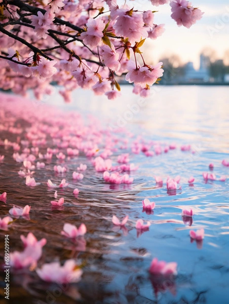 Fototapeta Spring lakeside bloom, flowering cherry blossoms lining the shore, petals floating on the water, romantic