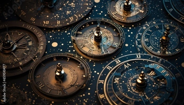 Fototapeta Photo of multiple clocks on a table, capturing the concept of time passing