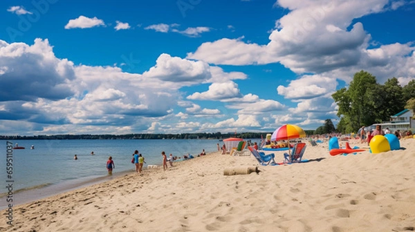 Fototapeta Lakeside beach in summer, children building sandcastles, colorful beach umbrellas, blue sky, fluffy clouds