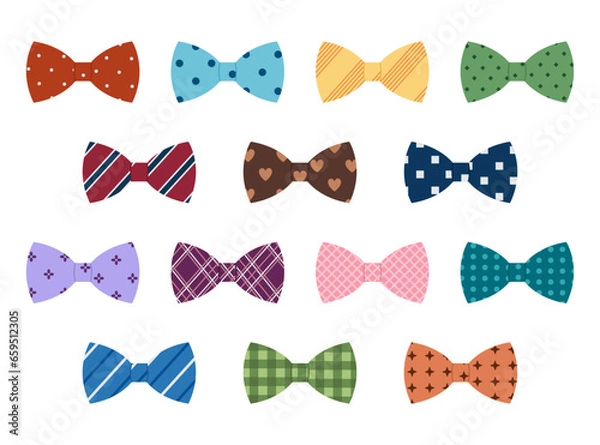 Fototapeta Set of colored man bow ties with different patterns. Butterfly neck tie collection for business or party. Accessories for man suits. Vector flat illustration isolated on white background