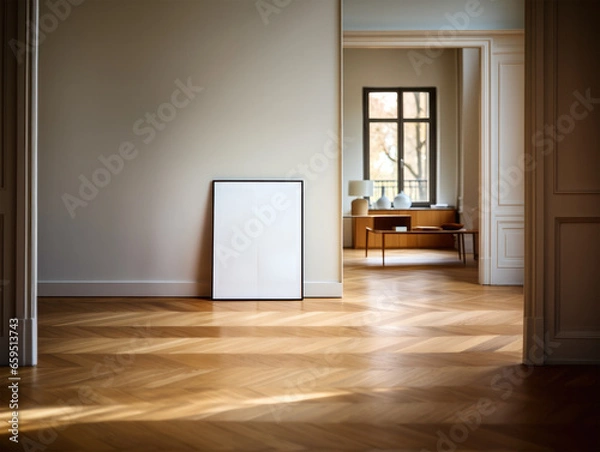 Obraz Thin Frame mockup Chic Parisian Interior Minimal wooden leaning frame mock-up Minimal Digital template poster mock up