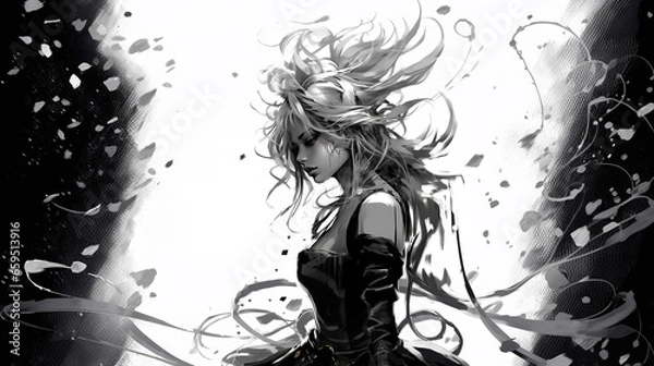 Fototapeta epic sad looking dancing woman with flying leaves around her, fashion inspired and black white, ai generated image