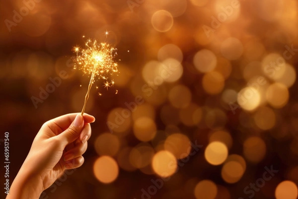 Obraz Sparkling magic wizard wand on golden background Generative AI