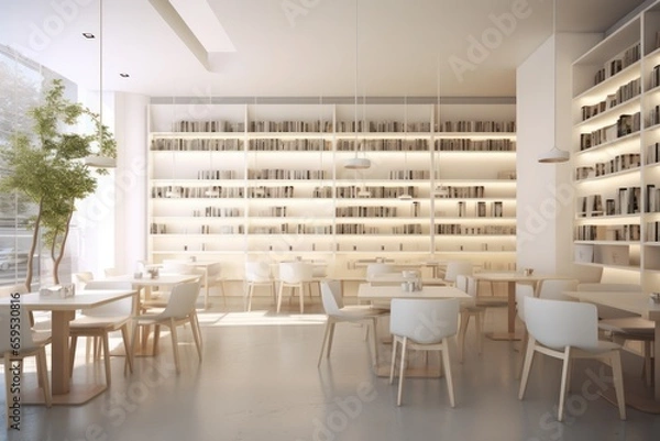 Obraz Interior of a bookstore cafe as a third place for gen z and millennials. Community in urban remote young workers 