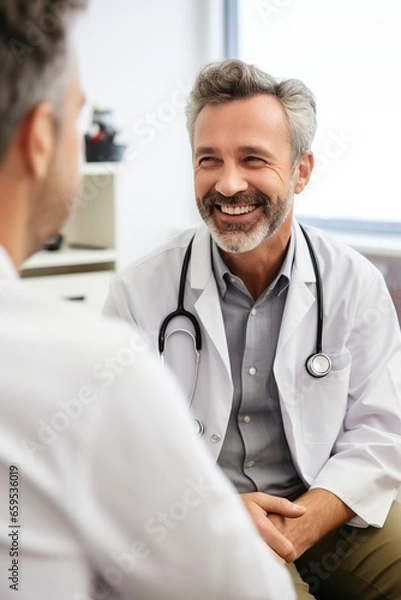 Obraz Middle-aged male doctor discussing with colleague in modern clinic.