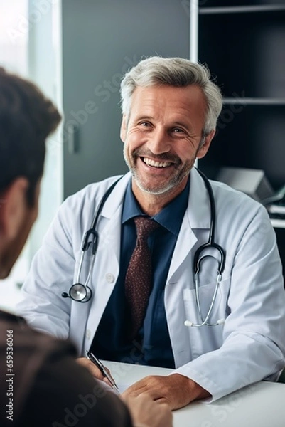 Obraz Smiling middle-aged male doctor in white coat conversing with a patient in a modern clinic