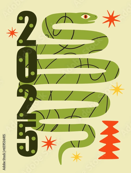 Fototapeta Vector abstract illustration with green forest snake and stars. Line pattern. New year greeting card template