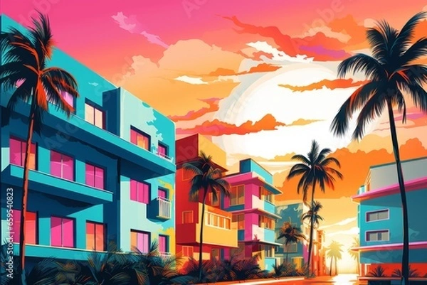 Fototapeta vibrant miami-inspired pop art cityscape with hyper details, Generative AI"