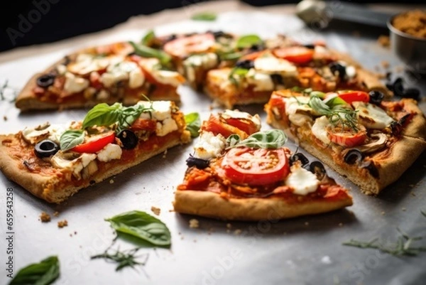 Fototapeta gluten-free, dairy-free pizza cut into pieces