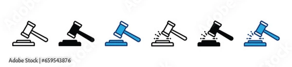 Fototapeta Auction hammer line icon set. Judge gavels, auction hammer, law, court tribunal icon symbol collection in line and flat style. Knock the hammer of justice. Vector illustration
