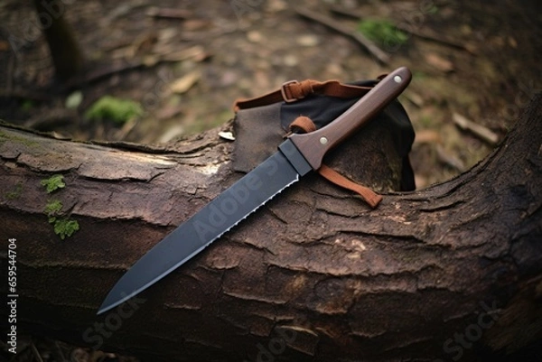 Fototapeta foldable bushcraft saw slicing tree branch