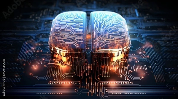 Obraz Big data and artificial intelligence concept. Human brain glowing from processor, symbolizing the fusion of human intelligence and machine learning capabilities. Evolution of technology of data.
