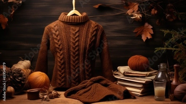 Fototapeta a collection of light brown sweaters neatly arranged on hangers in a well-lit and stylish boutique setting. the classic and timeless appeal of these sweaters.